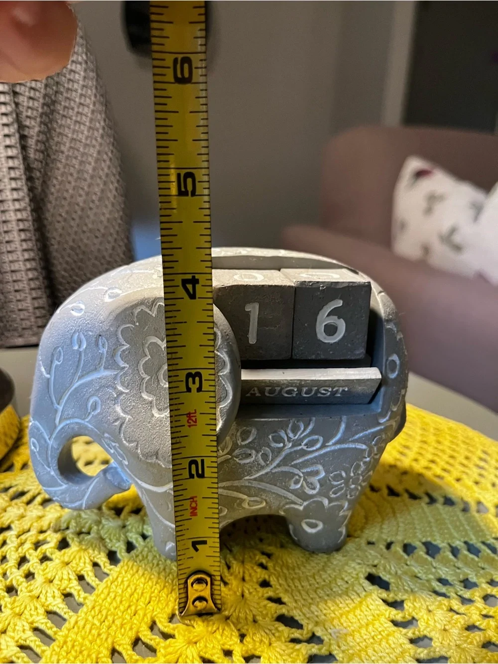 Grey Floral Carved Elephant Perpetual Wooden Block Calendar Desk Accent